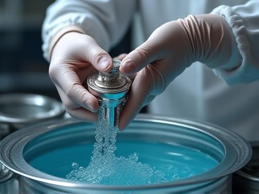 Tecnico che immerge un pezzo di barware in una vasca per il bagno galvanico con argento