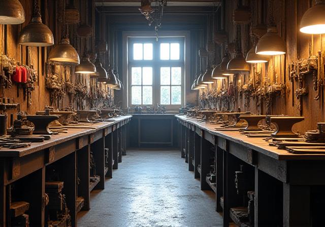 Interno del laboratorio in Via Antonio Gramsci con strumenti da lavoro, martelli e incudini