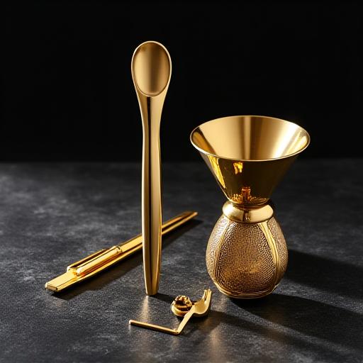 Set di attrezzi da bar in oro 24k: bar spoon, jigger e strainer su superficie scura